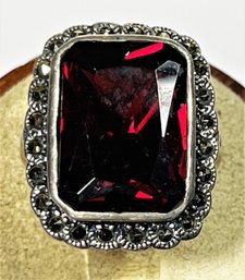 Fine Sterling Silver Dinner Ring Red Gemstone Having Marcasite Stones Size 6.5