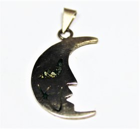 Vintage Mexican Sterling Silver Crescent Moon Pendant Stone Inlay