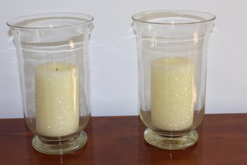 Pair Of Pottery Barn Hurricane Lamps With White Glitter Candles 12H X 7 1/2 Diameter