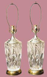 Stunning Pair Of Thick And Heavy Cut Glass And Brass Lamps