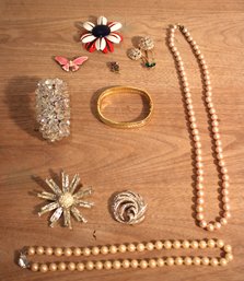 Beautiful Lot Of Costume Jewelry Including Pins Earrings Bracelets And Pearl Chokers