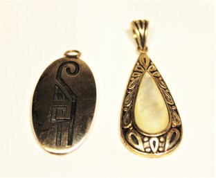 Two Sterling Silver Pendants Mother Of Pearl And Southwestern Design