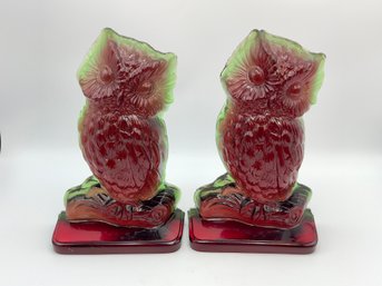 Large Pair Of Vintage Glass Owl Bookends