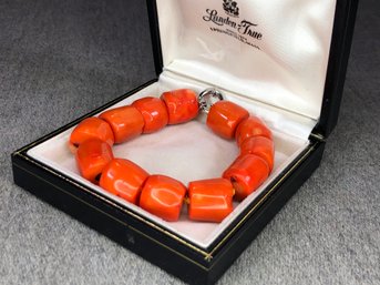 Fabulous Chunky Orange Coral Bracelet - Natural Shapes Beads - With Silver Clasp - Very Pretty Piece - WOW !