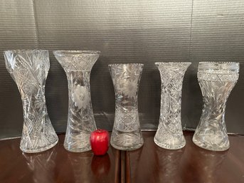 Collection Of 5 Vintage Tall Cut Glass Vases