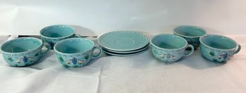 German Light Blue Teacups & Saucers W/ Bird Decor