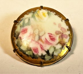 Victorian Gilt Brass And Hand Painted Porcelain Brooch With Roses