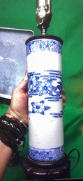 1980s Asian Metzgers Table Lamp Lotus On Water Blue & White Transfer Ware China
