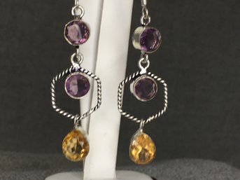 Beautiful Pair Sterling Silver / 925 Earrings With Amethysts & Citrines - Very Pretty Pair - Lovley Wire Work