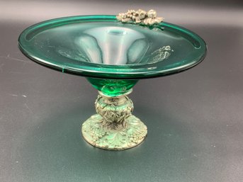 Green Compote With Sterling Silver Base And Decoration