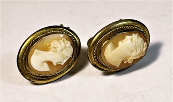 Fine .800 Silver Gold Finish Hand Carved Shell Cameo Earrings