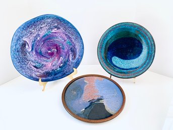 Three Artisan Plate Grouping In Blue Hues