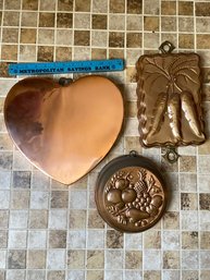 3 Decorative Copper Mold Wall Hangings Heart Shaped, Round Fruit, And Rectangle Carrot