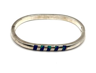 Vintage Mexican Sterling Silver Blue Inlay Hinged Bracelet
