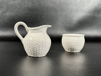 A Charming Little Creamer & Open Sugar In Embossed White Ceramic