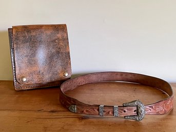 Vintage Brown Leather 36 Inch Belt & Pouch.