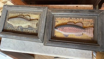2 Rustic Wooden Fish Plaques 'Welcome To Our Home' And 'anglers Anonymous Official Member '