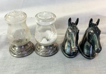 Sterling Base Glass & Metal Horse Head Salt & Pepper Shakers