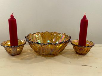 Indiana Glass Marigold Carnival Glass 3 Piece Console Set Bowl & Candle Holders