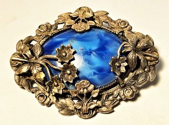 Czech. Blue Glass And Gilt Brass Brooch 1920s