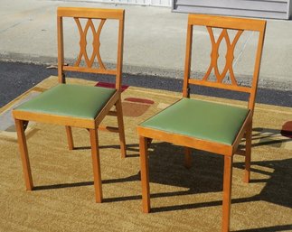 Pair Of Mid-century Leg-O-Matic Maple & Green Vinyl Foldup Bridge Chairs / Extra Dining Chairs