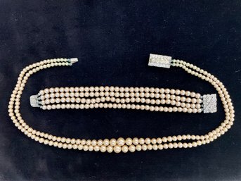 Mid Century Marvella Rhinestone Clasp Faux Pearl Bracelet And Necklace