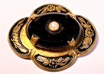 1920s Gilt Brass And Black Glass Enamel Brooch Czech.`