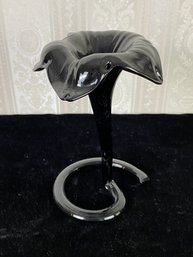 Vintage Onyx Black Art Glass Jack In The Pulpit Flower Vase