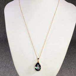 Stunning Sterling Silver / 925  With 14K Gold Overlay Necklace With Green Quartz - Very Larger Genuine Stone