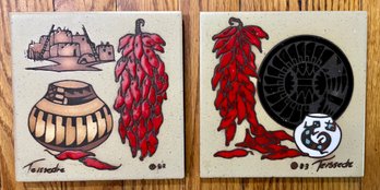 Pair Of Vintage Tiles By TEISSEDRE DESIGNS - Hand Painted Ceramic Kiln Fired