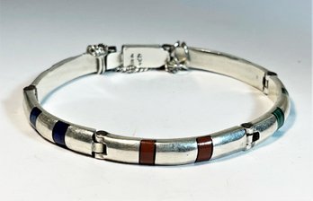 Heavy Mexican Sterling Silver Stone Inlay Hinged Bracelet 35.4 Grams