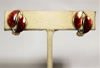 Vintage David Andersen Sterling Silver Red Enamel Leaf Form Clip Earrings