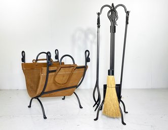 A Modern Log Holder, Leather Wood Bag, And Set Of Wrought Iron Fireplace Tools