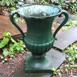 Fantastic Large Antique Cast Iron Garden Urn - Old Green And Light Blue Chippy / Rust Paint - Very Nice !