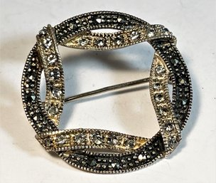 Fine Sterling Silver Dual Color Marcasite Circular Brooch