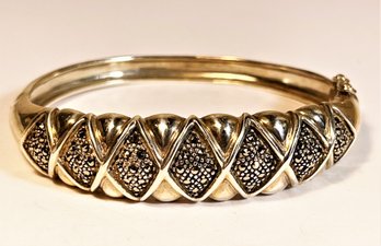 Large Heavy Sterling Silver Hinged Cuff Bracelet Having Marcasites