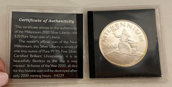 One Troy Ounce Of Pure 99.99 Fine Silver Millennium 2000 $20 Liberty Coin