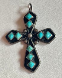 Navajo Sterling Silver And Turquoise Handcrafted Cross Pendant