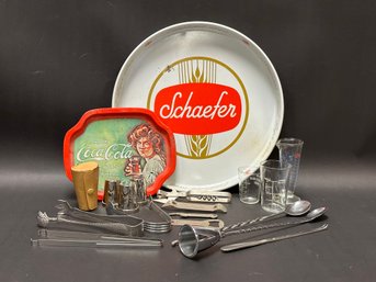 An Assortment Of Vintage Bar Ware: Trays, Tools & More