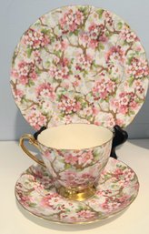 Pink Floral Shelby Of England Porcelain Dessert Plate , Teacup And Saucer