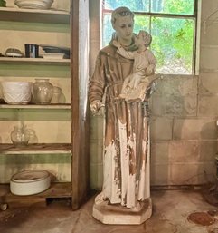 4.5 Feet Tall Antique Plaster Statue Of Saint Anthony Of PaDuda With The Christ Child.