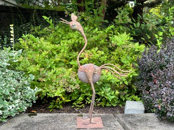 Garden Decor: A Whimsical Tall Kinetic Bird With A Naturally-Weathered, Rusty Patina