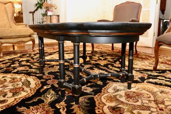Black And Gold Hand-Painted Tole Pie Crust Tray Coffee Table Mounted On Bamboo Style Base