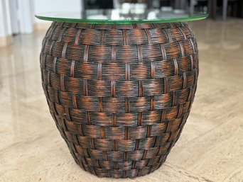 A Woven Reed Glass Top Side Table