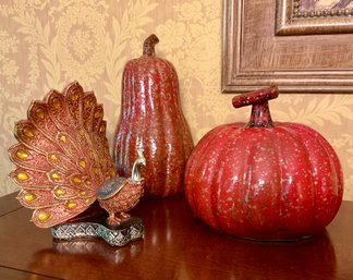 Pair Of Glass Pumpkins With Decorative Peacock