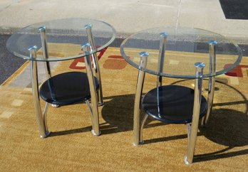 Pair Of Contemporary Chrome & Glass End Tables With Black Finish Shelf