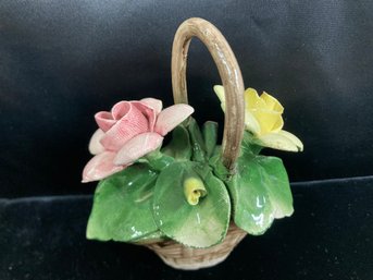 Yellow And Rink Rose In A Basket By Nuova Capodimonte