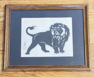 Framed And Matted Cut Out Lion Silhouette With Red Chop Mark