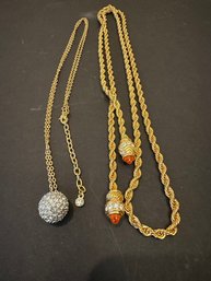 Gold Tone Knot Necklace And Rhinestone Ball Pendant Necklace