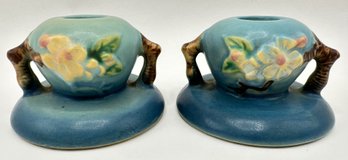 Pair Vintage 1940s Roseville Apple Blossom Blue Candle Holders